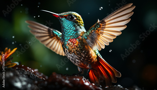 Hummingbird flying, iridescent feather, vibrant colors, beauty in nature  © Farri