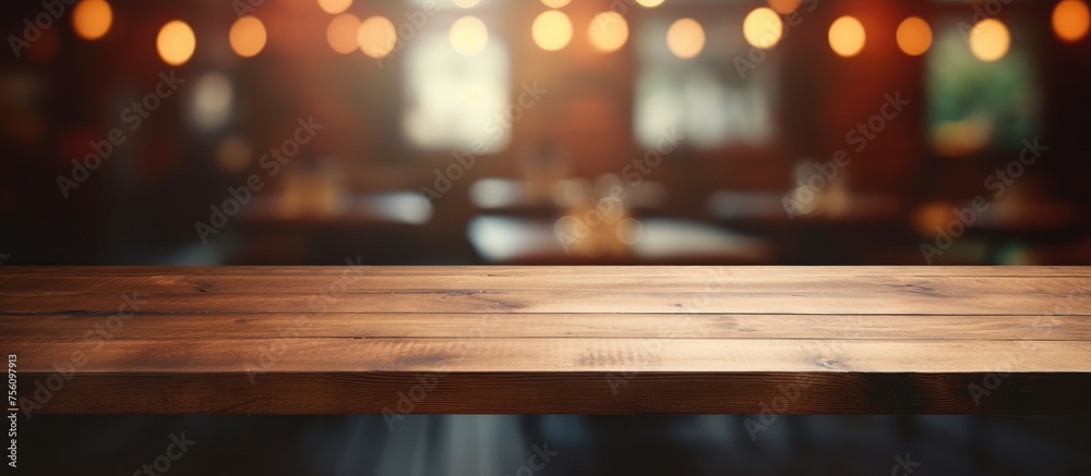 Empty wooden table in blurred restaurant background for product display.
