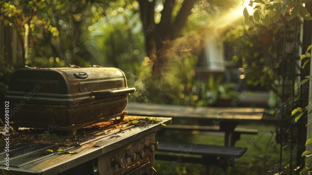 BBQ grill in backyard. Rustic scene with empty table. Cozy ambiance perfect for outdoor dining. Naturalistic photography highlights warm tones. - obrazy, fototapety, plakaty 
