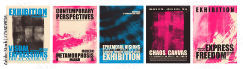 Punk style set of posters with halftone texture and typography. Distorted grunge layers.