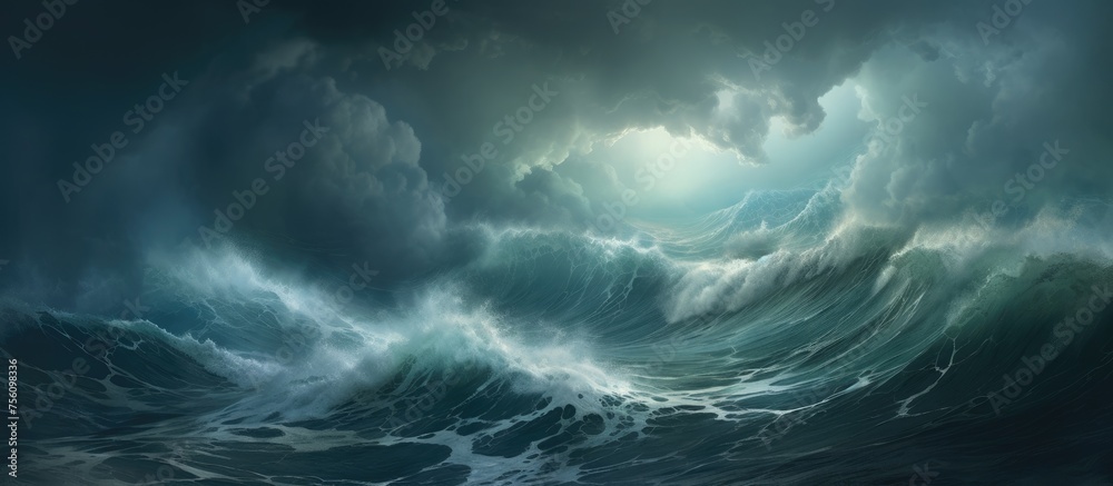 A massive wave crashes in the ocean beneath a dark cloudy sky, creating a dramatic contrast against the electric blue atmosphere - obrazy, fototapety, plakaty 