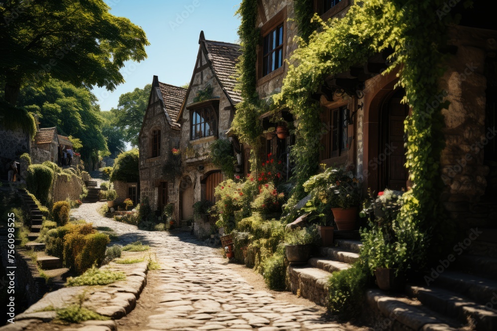 A charming cobblestone street lined with houses and trees