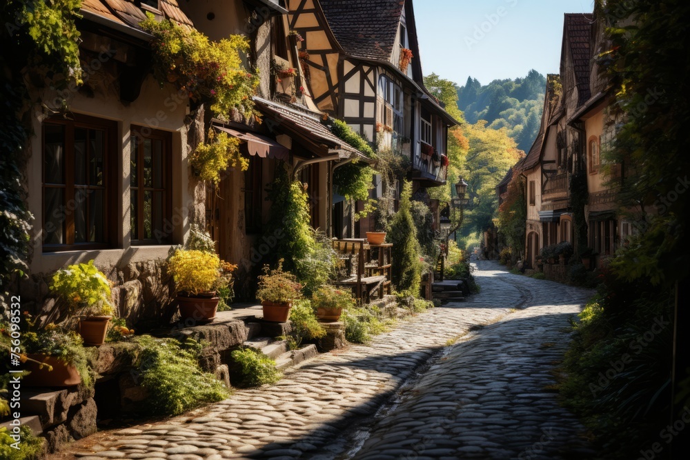 Houses with charming facades line narrow cobblestone street in small village