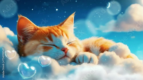 cute cat sleeping in the clouds, relaxing and having sweet dreams at night, cartoon or anime style. seamless looping 4K time-lapse virtual video animation background. photo