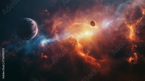 Planets over the nebulae in space.
