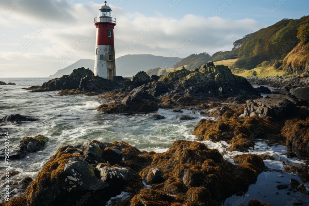 Lighthouse stands tall on rocky island surrounded by water
