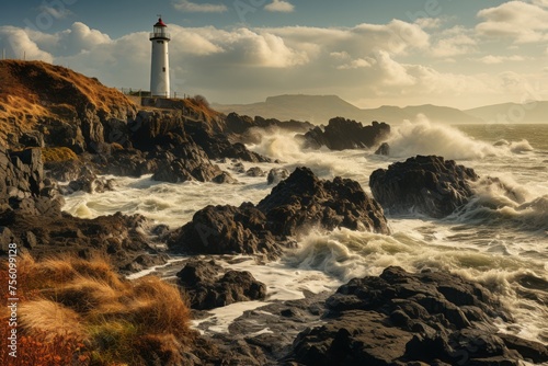 Lighthouse on rocky cliff, watching over ocean under cloudy sky