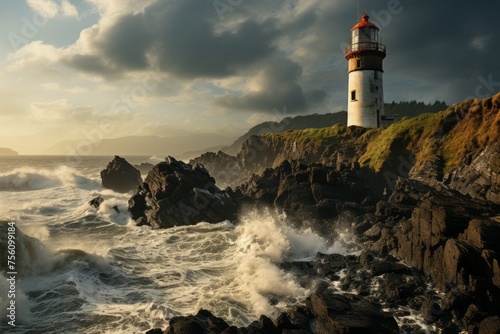 a lighthouse on a rocky cliff overlooking the ocean