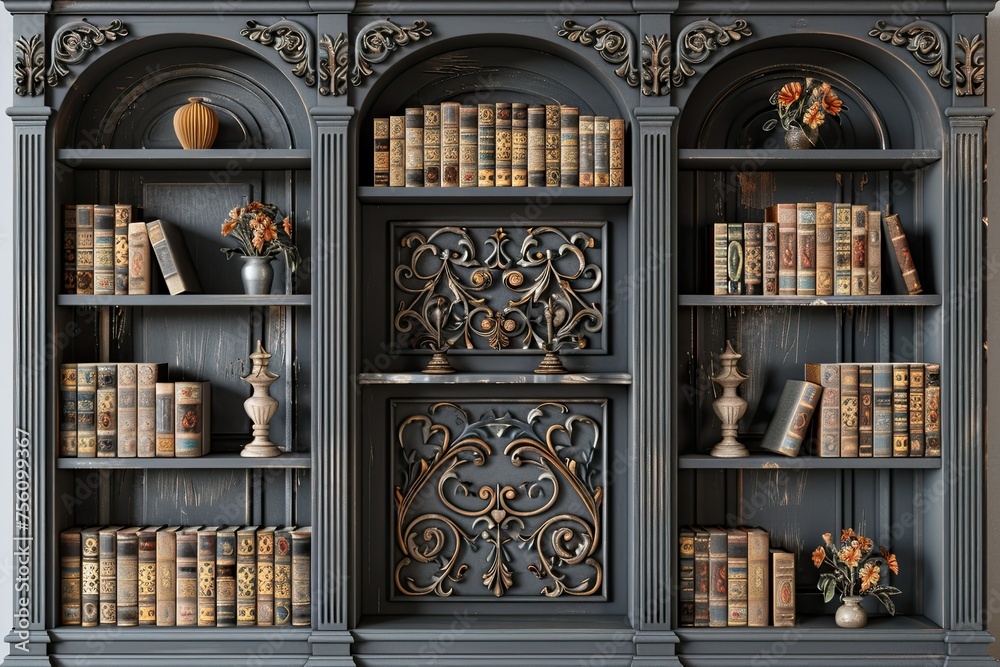 modern grey wooden book shelves with floral ornament 