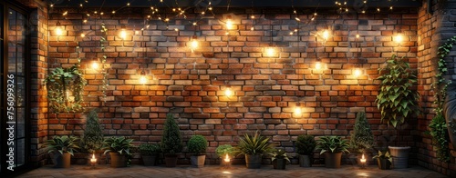 A brick wall illuminated with White lights