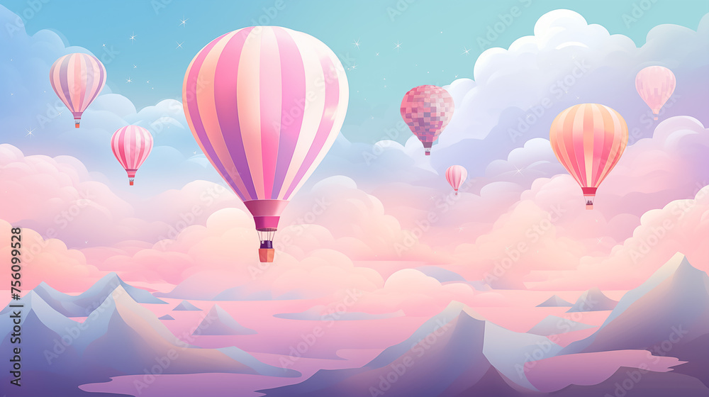 Fototapeta premium Candy-Colored Balloons over Serene Mountain Lake at Dusk