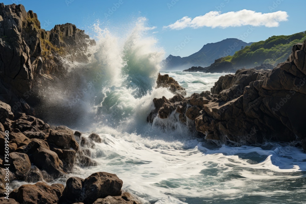 Water wave colliding with rocky coast under cloudy sky - obrazy, fototapety, plakaty 