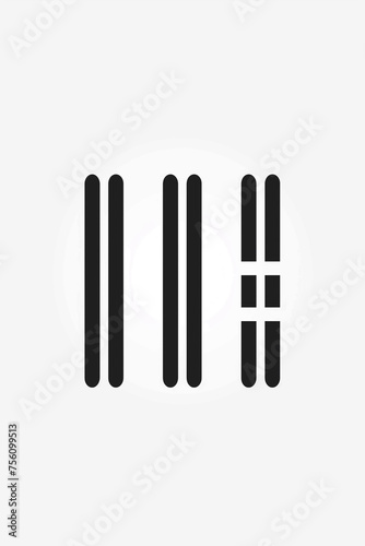 icon representing three sets of skis  pairs of skis  stylized illustration with six lines  four continuous and two broken lines with rounded ends  black drawing white or transparent background