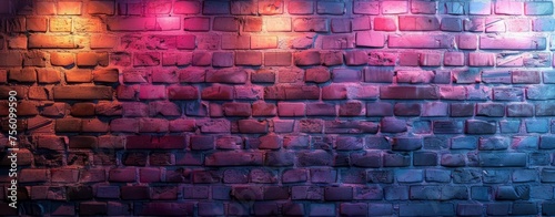A brick wall illuminated with purple-pink lights