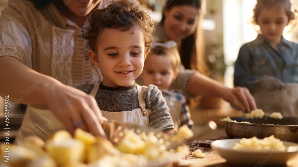 Family cooking session in home kitchen with children helping to prepare meal. Emphasis on family bonding and learning culinary skills at early age. Cooking together as family.