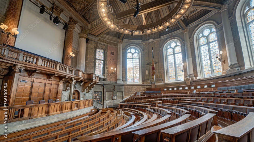 Elegant vintage university lecture hall with wooden seats and grand architectural design, perfect for educational themes and academic environments. Educational architecture and des