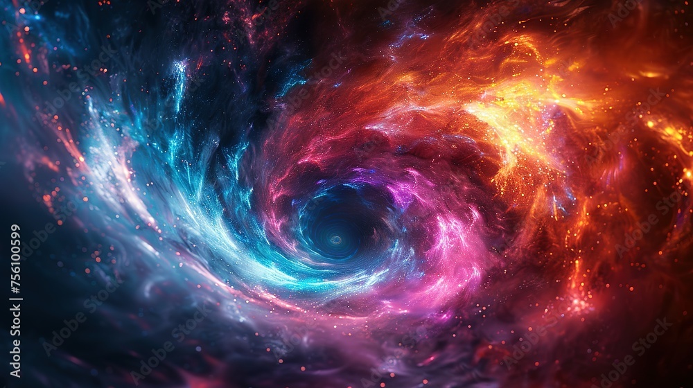 Colorful vortex energy, cosmic spiral waves, multicolor swirls explosion. Abstract futuristic digital background