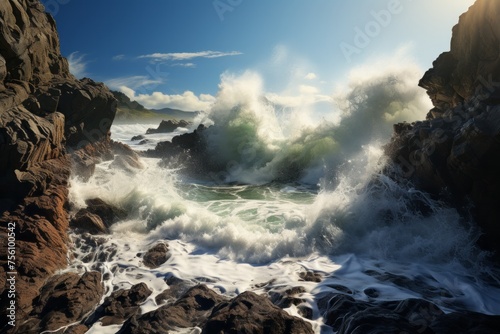 A wind wave crashes against the rocky shoreline under a cloudy sky