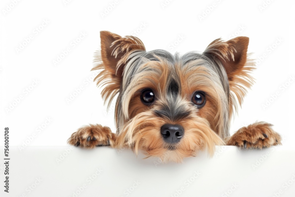 Fototapeta premium Yorkshire Terrier peeking close up against white background