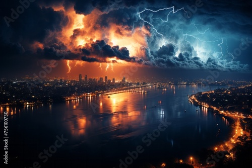 A stunning aerial view of a lightning storm illuminating the city at night