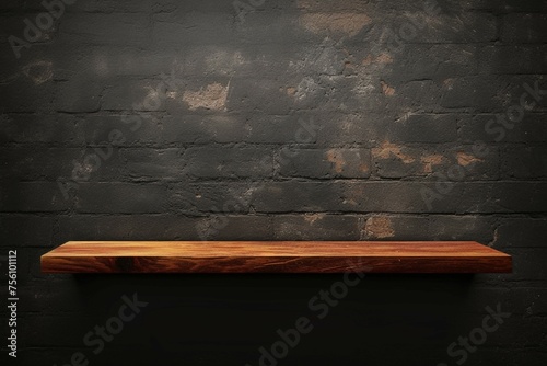 Wooden shelves against black brick wall texture, clipping path provided