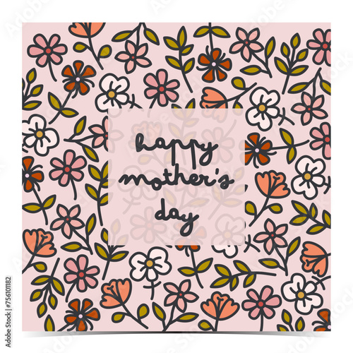 Mother s Day poster  greeting card  label  flyer  banner with colorful flower pattern on a pink background vector graphics