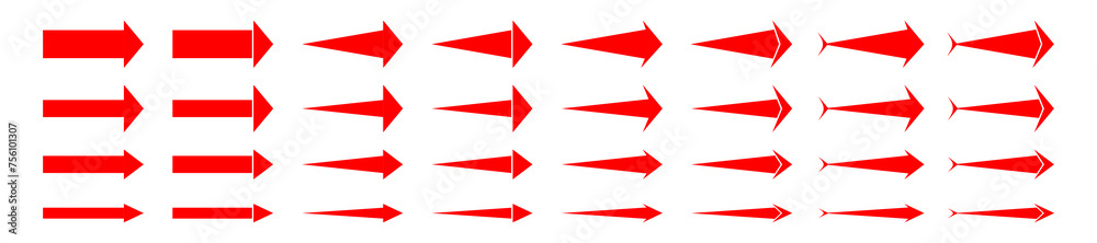 arrows red icon set isolated on white background. flat stright. Some arrow have fin on tail. these arrow sign have right, rightward or forward mode.