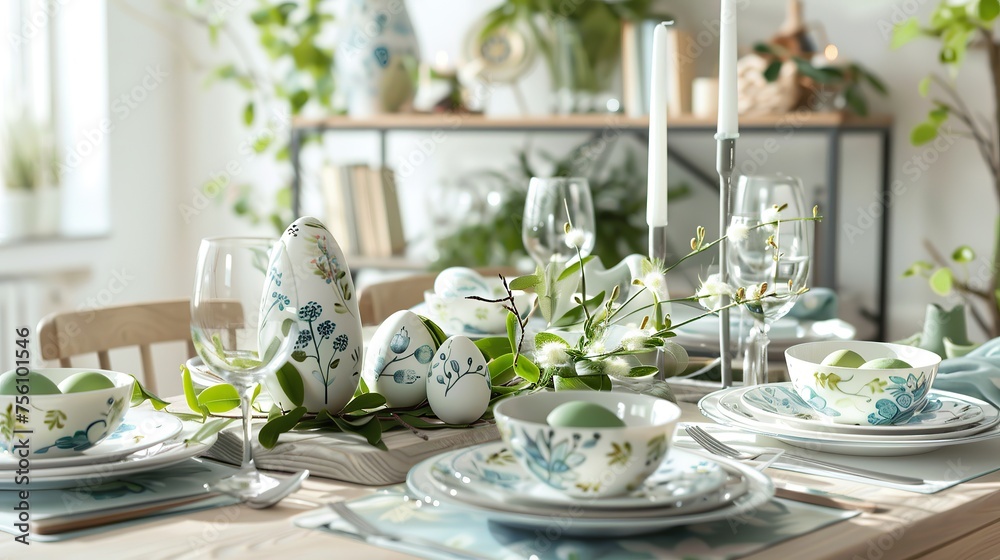 Fototapeta premium Easter eggs and spring flowers on a table, ideal for spring holiday themes 