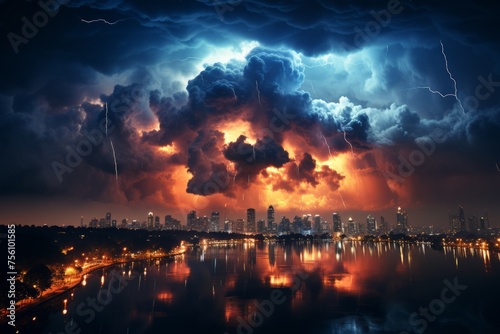 A lightning storm illuminates the citys night sky with electric energy