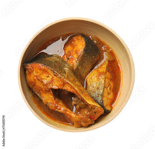 Tasty fish curry on white background, top view. Indian cuisine