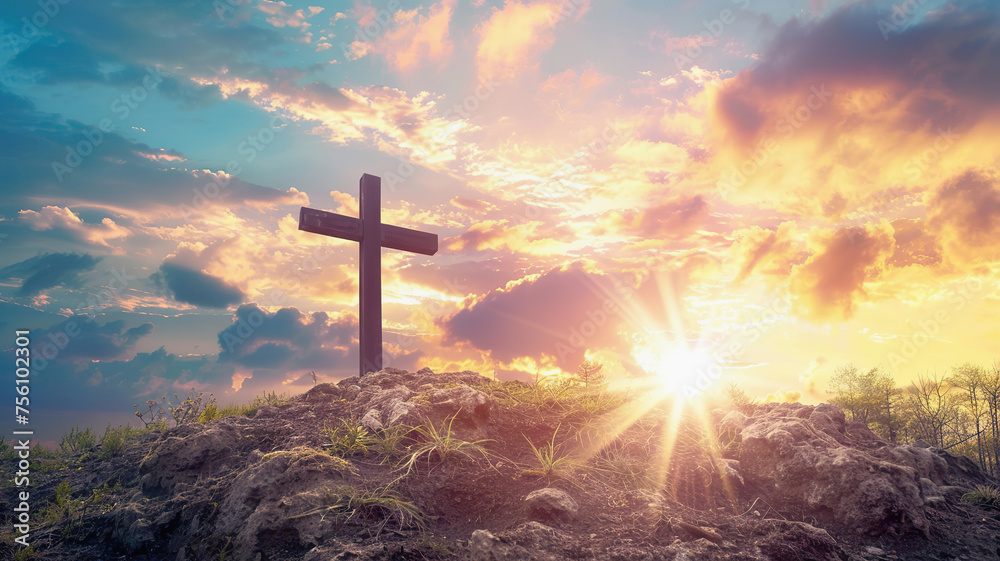 Religious background with cross and sunset sky on mountain hill - obrazy, fototapety, plakaty 