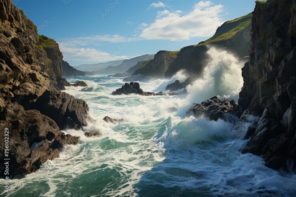 Water meets rocky cliffs in a powerful collision in a natural landscape setting