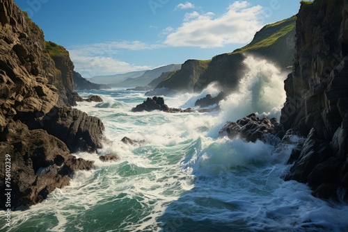 Water meets rocky cliffs in a powerful collision in a natural landscape setting