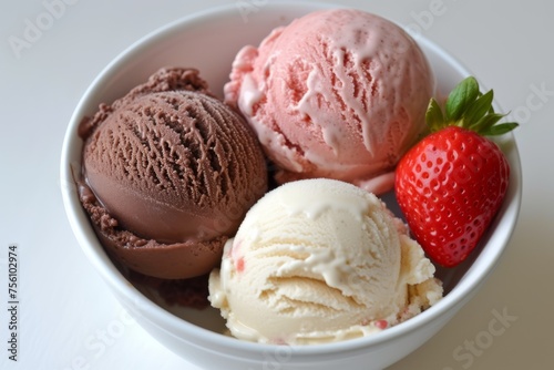 Close-up of ice cream with strawberries in white bowl