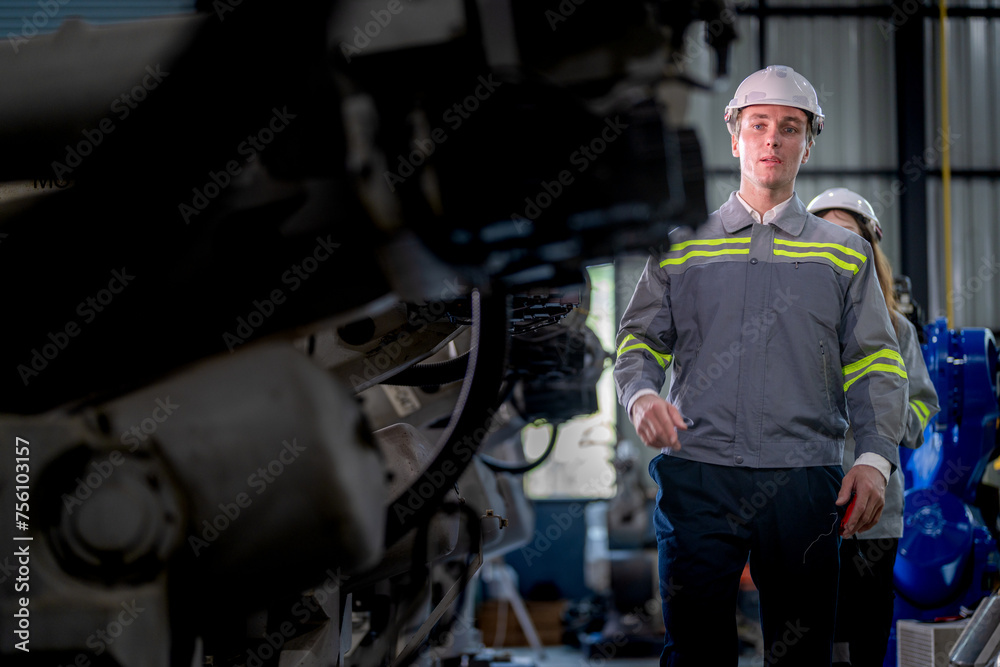 Factory engineer woman inspecting on machine with smart tablet. Worker works at machine robot arm. The welding machine with a remote system in an industrial factory. Artificial intelligence concept. Factory engineer woman inspecting on machine with smart tablet. Worker works at machine robot arm. The welding machine with a remote system in an industrial factory. Artificial intelligence concept.