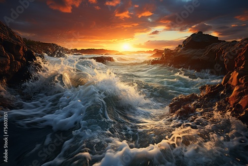 Wind waves crash against rocks at sunset, painting a stunning natural landscape © 昱辰 董
