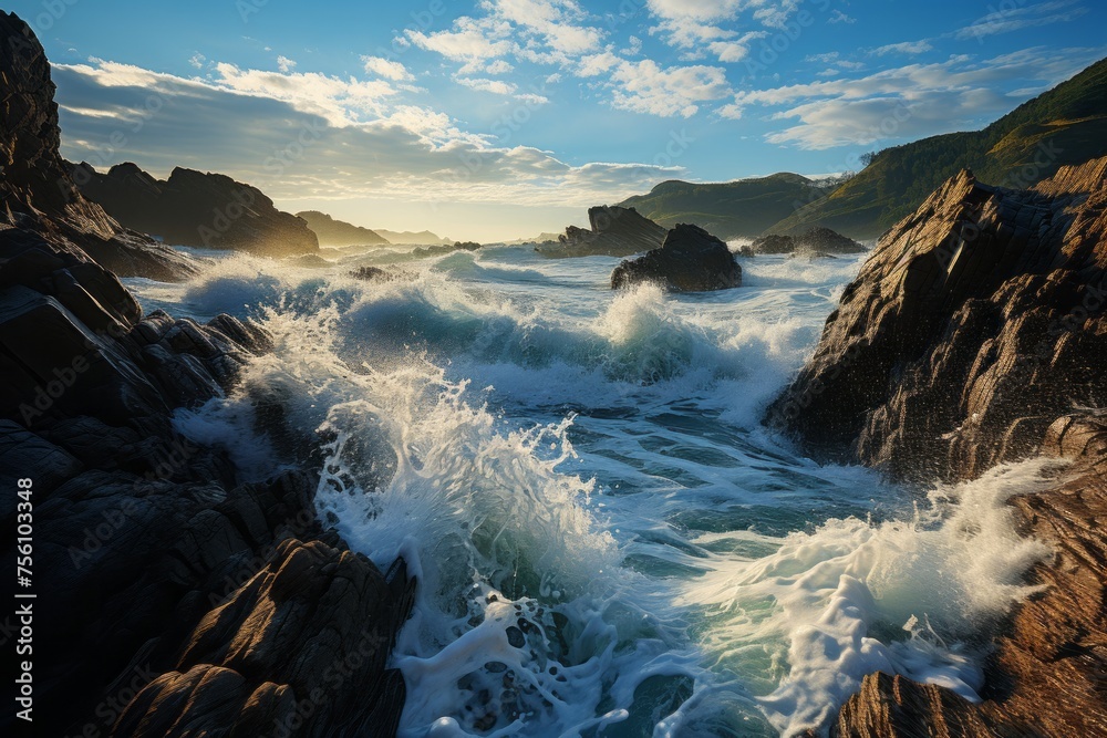Water waves crash against the rocky shore, blending with the natural landscape - obrazy, fototapety, plakaty 