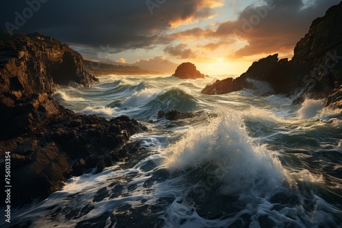 Clouds drifting by as waves crash against rocks at sunset in a natural landscape