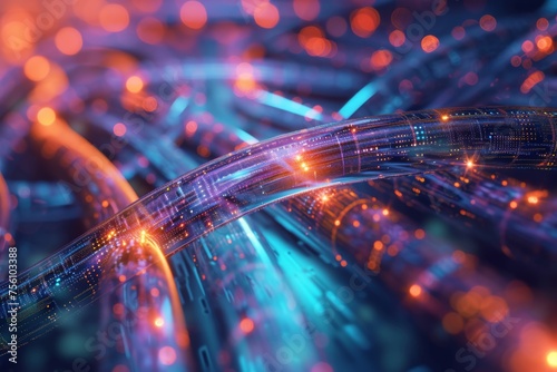 Magenta optical fibers depicting dynamic data flow, representing digital connectivity and network © InfiniteStudio