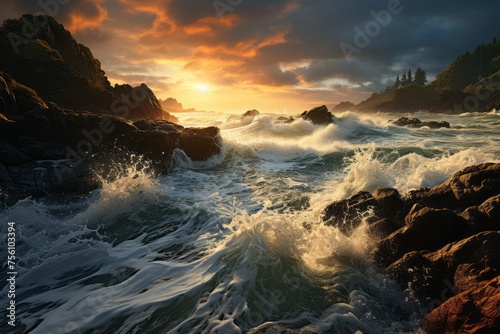 The wind waves crash against the rocks under a colorful sunset sky at dusk