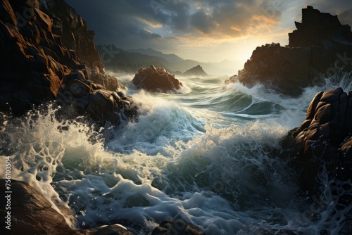 Water waves crash against rocks at sunset creating a scenic view © 昱辰 董