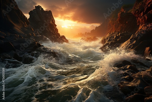 Water waves crash at rocks in river under sunset sky © 昱辰 董
