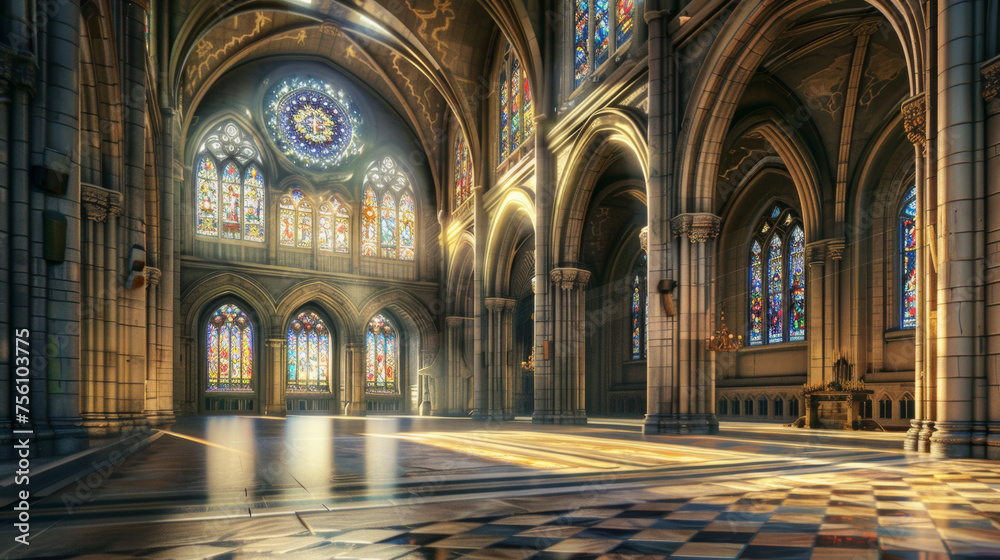 interior of a Gothic cathedral with arches and stain glass windows
