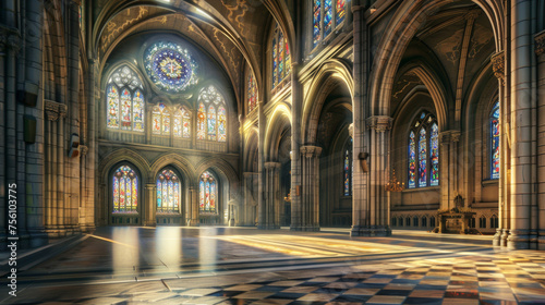 interior of a Gothic cathedral with arches and stain glass windows photo