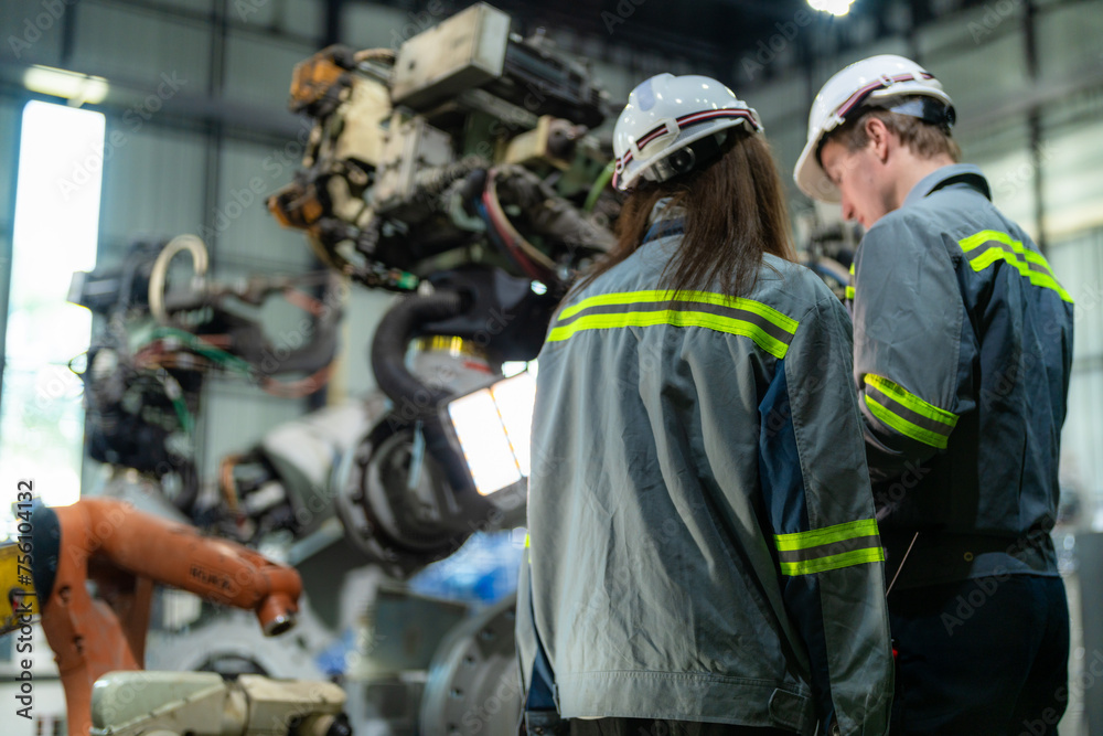 engineers check control heavy machine robot arm. Diverse Team of Industrial Robotics Engineers Gathered Around Machine. Professional Machinery Operators repair electric robot on bright digital panel. engineers check control heavy machine robot arm. Diverse Team of Industrial Robotics Engineers Gathered Around Machine. Professional Machinery Operators repair electric robot on bright digital panel.