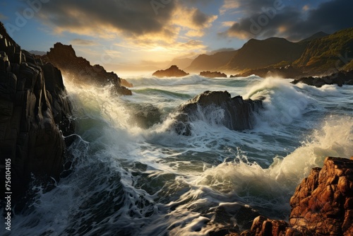 Dramatic sunset over a stormy ocean, waves crashing against rocks