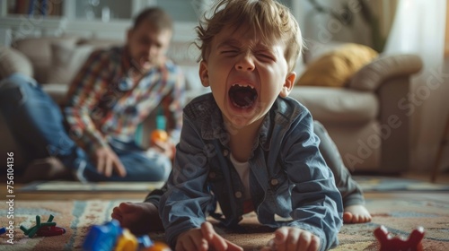 A parent sitting on the floor with their child who is throwing a tantrum and screaming for a toy. The parent looks frustrated but does not try to calm the child down. photo