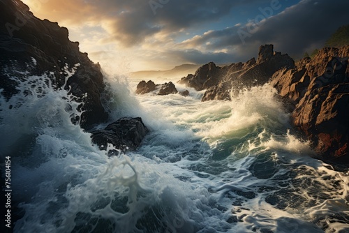 Water waves crash against rocky shore in a natural landscape