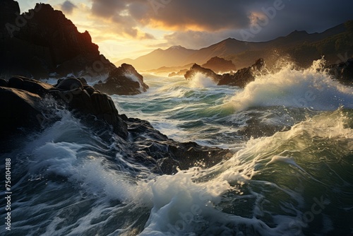 a stormy ocean with waves crashing against the rocks at sunset