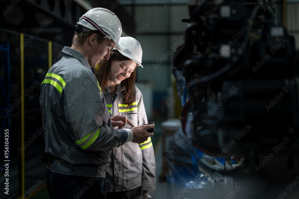 Factory engineer woman inspecting on machine with smart tablet. Worker works at machine robot arm. The welding machine with a remote system in an industrial factory. Artificial intelligence concept. Factory engineer woman inspecting on machine with smart tablet. Worker works at machine robot arm. The welding machine with a remote system in an industrial factory. Artificial intelligence concept.
